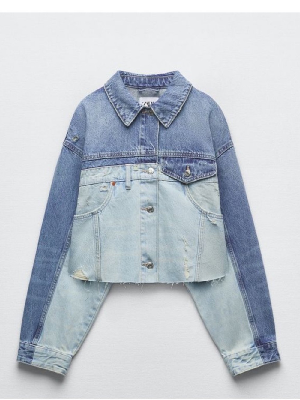 Zara Two-Tone Light & Medium Blue Cropped Denim Jacket